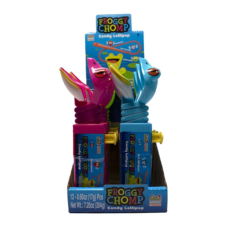 Froggy Chomp Lollipop display with 3 flavors.