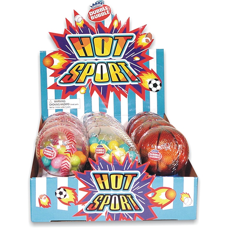 Hot Sports Gumball Dispensers Display box showing basketball, baseball and soccer shape dispensers.