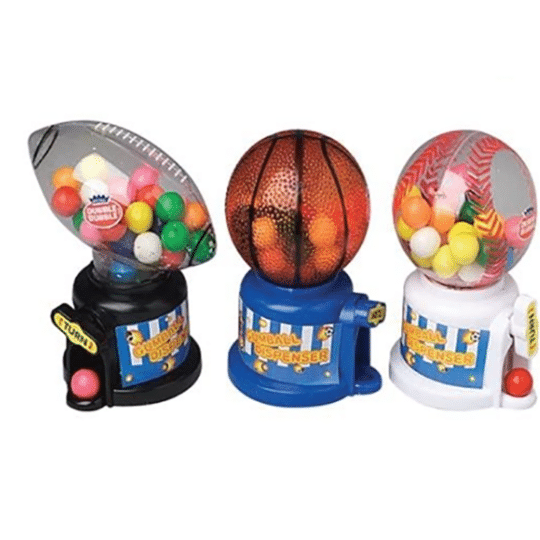 Hot Sports Gumball Dispensers with football, basketball and baseball.