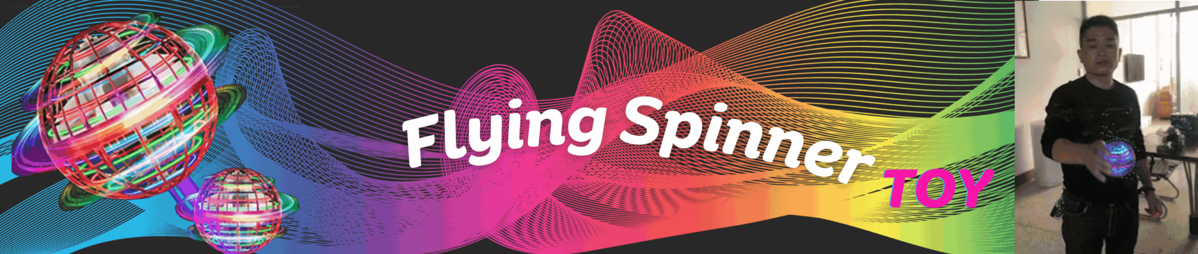 Flying Spinner Toy image with video in website banner.