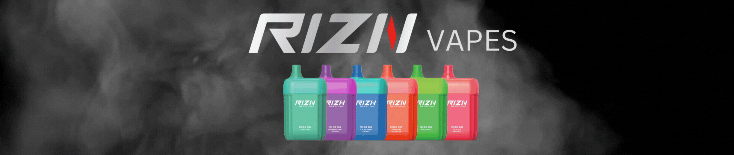 RIZN vapes in 3 styles and 6 flavors each which misty smoke moving in background.