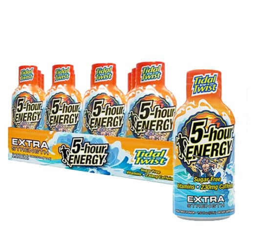 5 hour energy liquid shot extra strength in tidal twist flavor individual and 12 count display shown