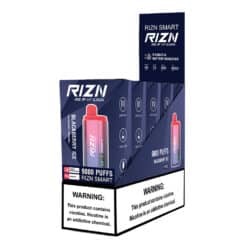 RIZN Smart 9000 Vaping Device display containing 5 individual boxes of Black Raspberry Ice flavor.