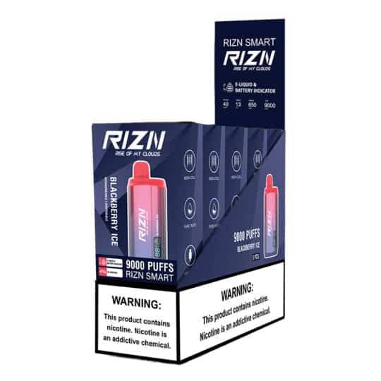 RIZN Smart 9000 Vaping Device display containing 5 individual boxes of Black Raspberry Ice flavor.