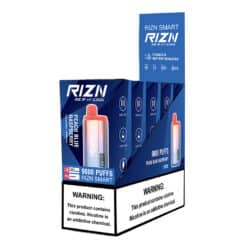 RIZN Smart 9000 Vaping Device display containing 5 individual boxes of Peach Blue Raspberry flavor.