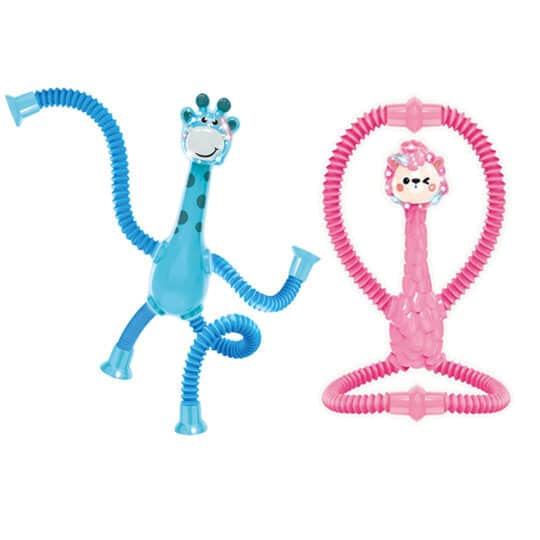 Animals Bend Light Up & Suction Blue Giraffe and Pink Llama with arms and leg tubes connected by suction cups.