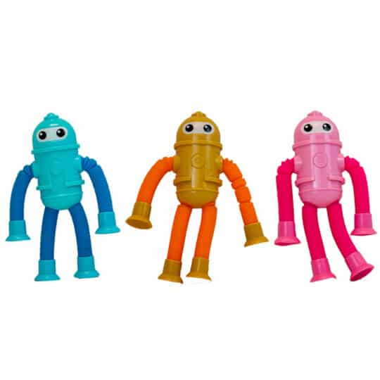 Blue, Orange and Pink Round Robot Bend, Light Up and Suction Toys