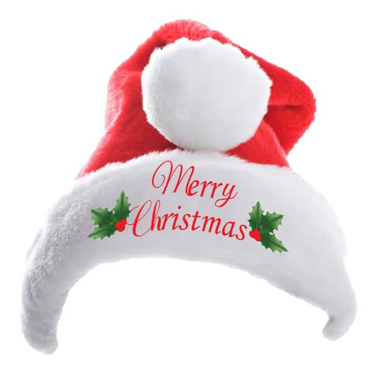 A red and white Santa hat with Merry Christmas sewn on brim.