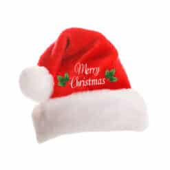 Plush red and white Santa hat with Merry Christmas embroidered on hat
