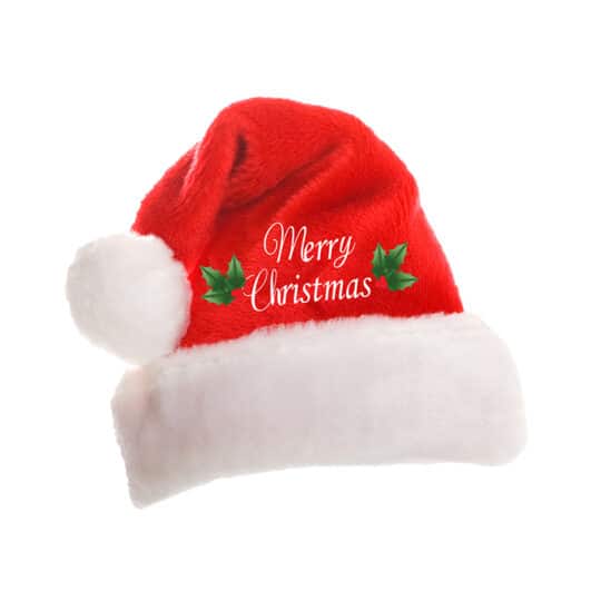 Plush red and white Santa hat with Merry Christmas embroidered on hat