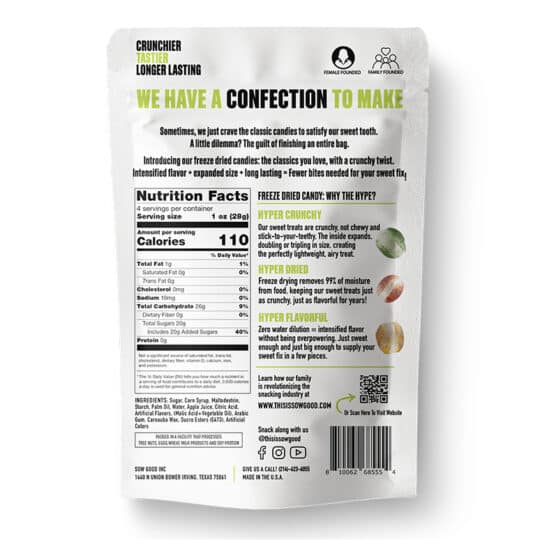 Sour Spheres Freeze Dried Candy back of resealable bag showing nutritional information