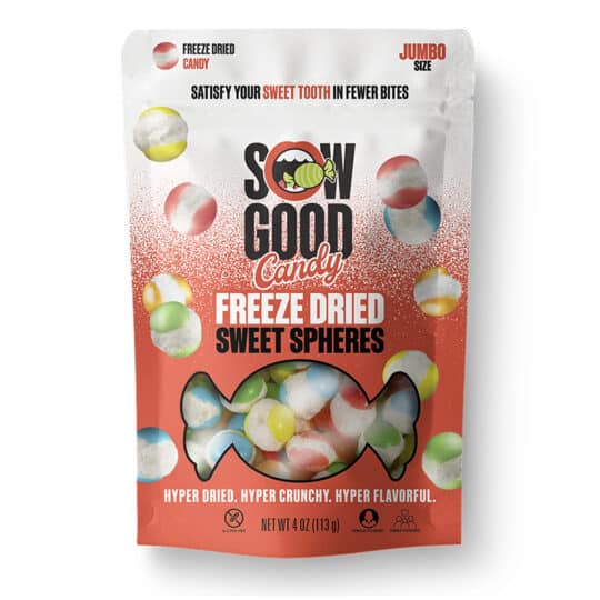 Sweet Spheres Freeze Dried Candy front of resealable bag.