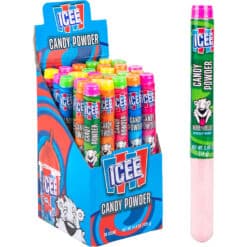 ICEE sour candy powder 0.49oz tubes in 5 sweet and sour flavors of Blue Raspberry Cherry, Orange, Watermelon, and Strawberry.