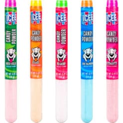 ICEE sour candy powder 0.49oz tubes in 5 sweet and sour flavors of Blue Raspberry Cherry, Orange, Watermelon, and Strawberry.