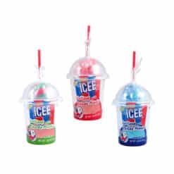 ICEE 3pk Dip N Lik candy 1.4oz comes in 3 lollipop flavors of Blue Raspberry Cherry, and Watermelon with a sour powder to dip in.