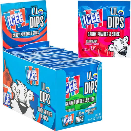 ICEE Lil Dips Candy Powder 0.31oz packets come in 5 flavors of Blue Raspberry, Cherry, Orange, Strawberry and Watermelon and each has a candy stick to dip into the powder.