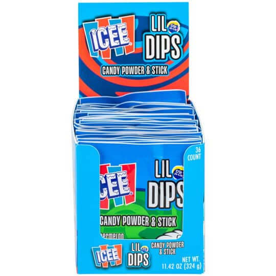 ICEE Lil Dips Candy Powder 0.31oz packets come in 5 flavors of Blue Raspberry, Cherry, Orange, Strawberry and Watermelon and each has a candy stick to dip into the powder. This shows display box front.