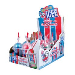 ICEE 3pk Dip N Lik candy 1.4oz comes in 3 lollipop flavors of Blue Raspberry Cherry, and Watermelon with a sour powder to dip in.
