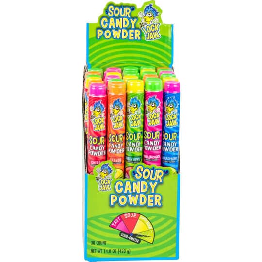Xtreme Lock Jaw Sour Candy Powder 0.49oz Tubes display comes with 5 flavors of Blue Raspberry Cherry, Orange, Green Apple and Pink Lemonade. Front of display is shown.