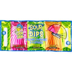 Xtreme Lock Jaw Sour 3pk Dips 1.4oz Candy Powder comes in 3 mouth watering flavors of Green Apple, Orange, and Pink Lemonade. Shown is one individual packet.