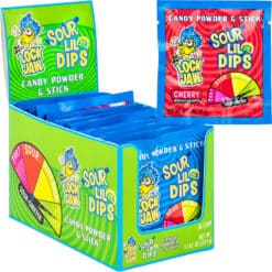 Xtreme Lock Jaw Lil Dips Candy Powder 0.31oz packets come in 5 flavors of Cherry, Blue Raspberry, Strawberry, Green Apple, Orange and each has a candy stick to dip into the powder.