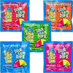 Xtreme Lock Jaw Lil Dips Candy Powder 0.31oz packets in 5 flavors of Cherry, Blue Raspberry, Strawberry, Green Apple, Orange showing the front of each packet.