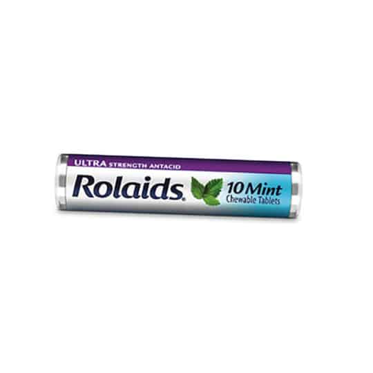 Rolaids Ultra Strength Mint flavor 10-count roll of chewable tablets.