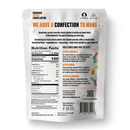 Sour Worms Freeze Dried Candy back of bag showing nutritional information