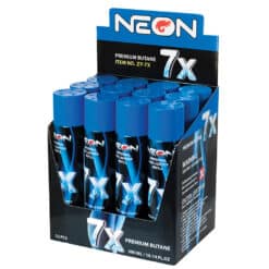 Neon Butane 7X in 300ml bottle. Quintuple refined premium Butane universal gas lighter for any device requiring it. Display of 12 bottles shown.