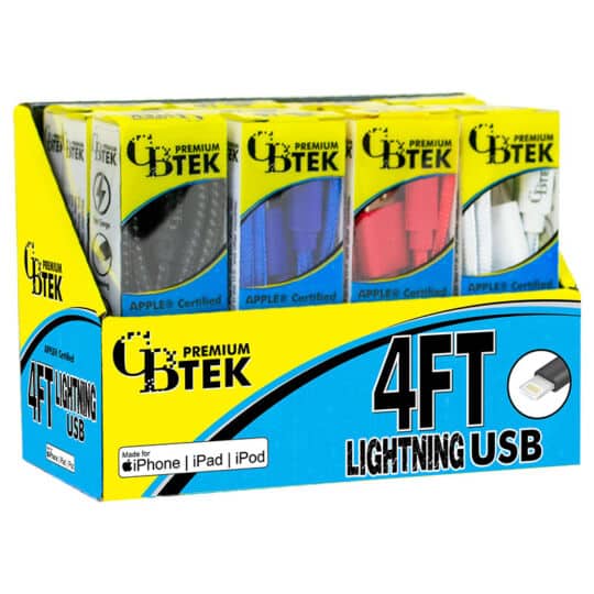 CBTEK Lightning to USB 4ft display angled with 4 colors black, red, white and royal blue