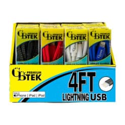 CBTEK Lightning to USB 4ft display with 4 colors black, red, white and royal blue.