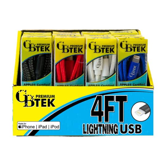 CBTEK Lightning to USB 4ft display with 4 colors black, red, white and royal blue.