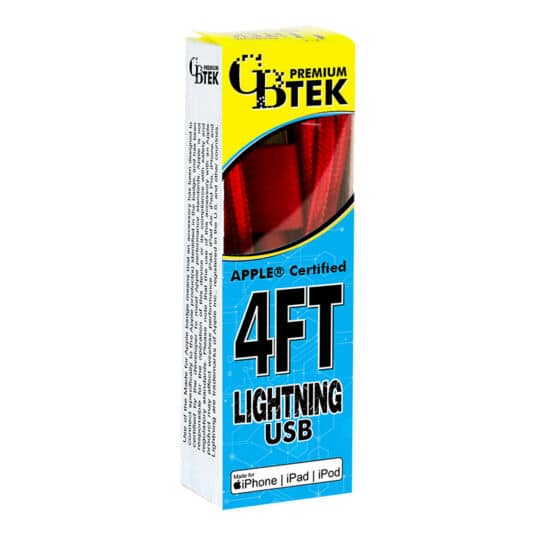 CBTEK Lightning to USB 4ft charging cable red each package.