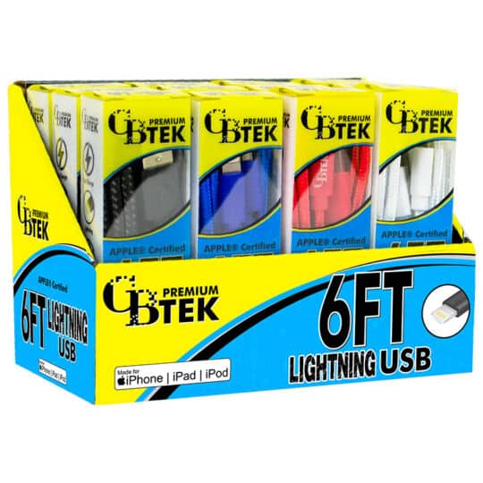 CBTEK Lightning to USB 6ft display angled with 4 colors black, red, white and royal blue