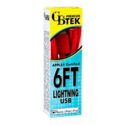 CBTEK Lightning to USB 6ft charging cable red each package.