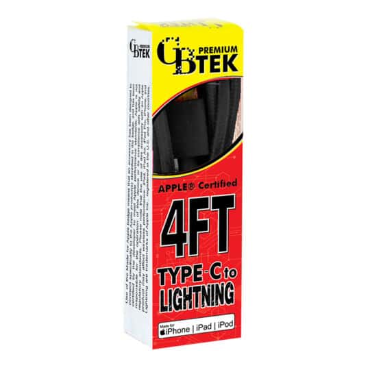 CBTEK Type C to Lightning 4ft charging cable black each package.