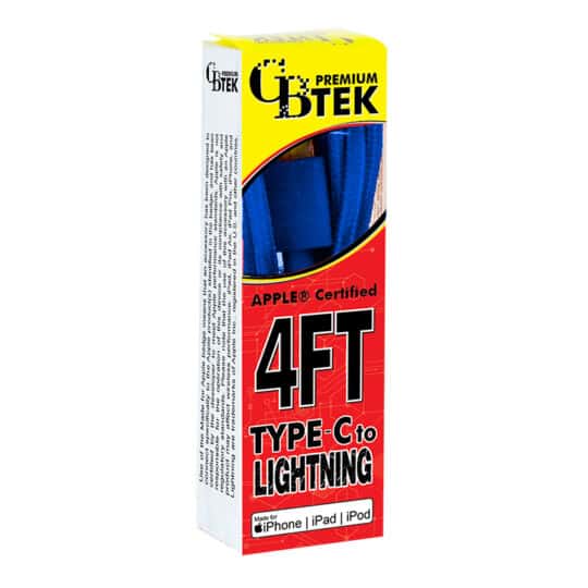 CBTEK Type C to Lightning 4ft charging cable royal blue each package.