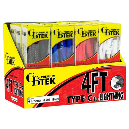81-403-M--Display-Slanted--01-06-25 CBTEK Type C to Lightning 4ft charging cable display