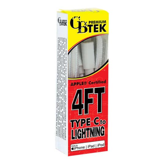 CBTEK Lightning to Type-C 4ft Charging Cables in White Nylon