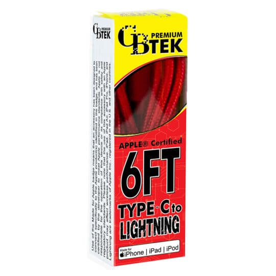 CBTEK Lightning to Type-C 6ft Charging Cables in Red Nylon