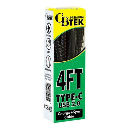 CBTEK Type-C to USB-A 4ft Charging Cables in Black Nylon