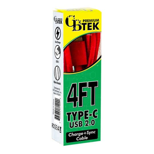CBTEK Type-C to USB-A 4ft Charging Cables in Red Nylon