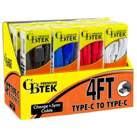 81-412--Display-Slanted CBTEK Premium 4 foot Type C to Type C charging cables. Display shows cables come in 4 colors of solid black, bright red, white, and royal blue.