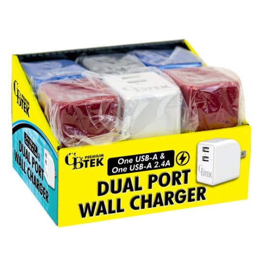 Dual Port wall charger with 1 USB-A and 1 USB-A 2.4A. Display includes 4 colors of red, white, blue and black.