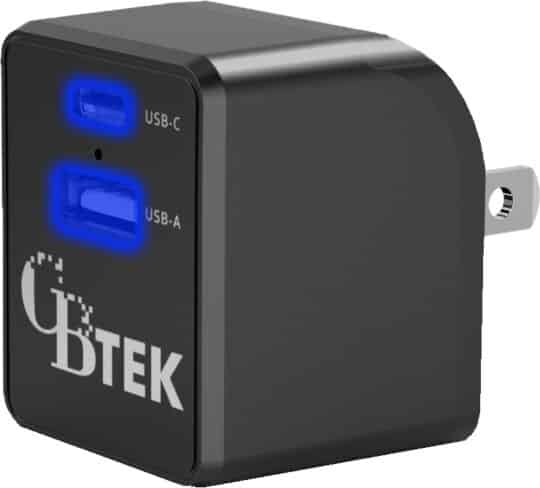 Dual Port wall charger with 1 USB-A and 1 USB-C in black color with glowing ports.