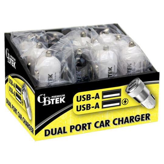 81-430--Display-Slanted--03-06-25 CBTEK Premium Dual Port USB-A Car Charger Display