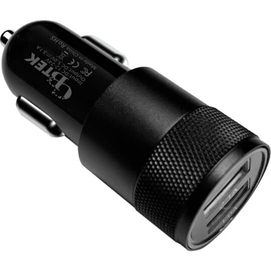 Dual Port car charger with 1 USB-A and 1 USB-A 2.1A in metallic black color.