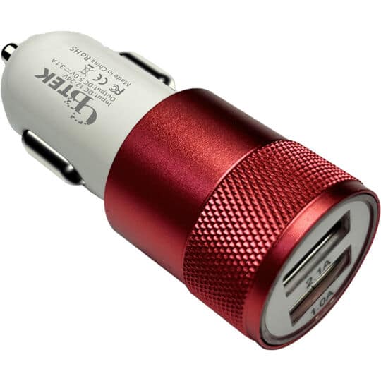 Dual Port car charger with 1 USB-A and 1 USB-A 2.1A in metallic red color.