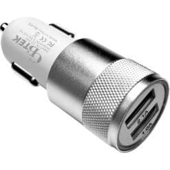 Dual Port car charger with 1 USB-A and 1 USB-A 2.1A in metallic silver white color.