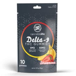 Cannabis Life 50mg Delta 9 THC Strawnana Gummies 10 count resealable bag. Showing front of bag.